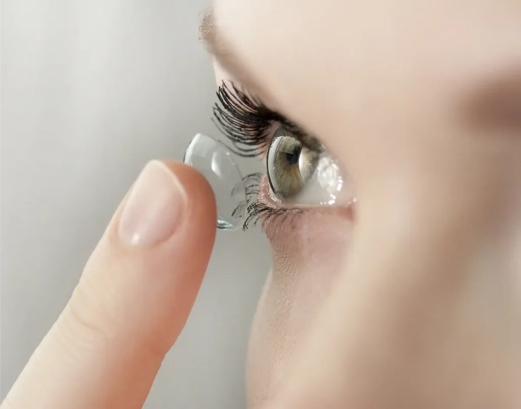 Eine Frau hält vor ihrem Auge eine Kontaktlinse auf ihrem Finger